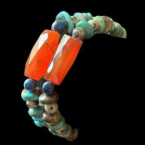 Vintage Carnelian Turquoise Lapis Beaded Double Strand Gemstone Bracelet